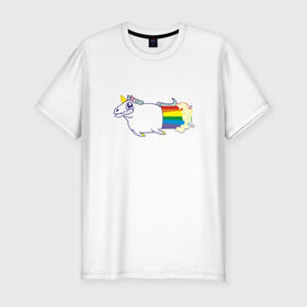 Мужская футболка премиум с принтом Радужный Единорожек в Курске, 92% хлопок, 8% лайкра | приталенный силуэт, круглый вырез ворота, длина до линии бедра, короткий рукав | Тематика изображения на принте: единорог | лошадь | радуга