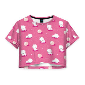 Женская футболка 3D укороченная с принтом Котики в Курске, 100% полиэстер | круглая горловина, длина футболки до линии талии, рукава с отворотами | дети | детское | животные | кот | коты | кошка | милый | паттерн | розовый
