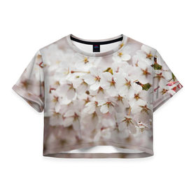Женская футболка 3D укороченная с принтом Весеннее цветение в Курске, 100% полиэстер | круглая горловина, длина футболки до линии талии, рукава с отворотами | белый | весна | лепестки | прикольные картинки | цветочки | цветы