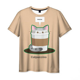 Мужская футболка 3D с принтом Catpuccino в Курске, 100% полиэфир | прямой крой, круглый вырез горловины, длина до линии бедер | capuccino | cat | catpuccino | meow | капуччино | кот | котпуччино | кофе | мяу | стакан