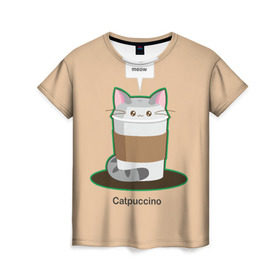 Женская футболка 3D с принтом Catpuccino в Курске, 100% полиэфир ( синтетическое хлопкоподобное полотно) | прямой крой, круглый вырез горловины, длина до линии бедер | Тематика изображения на принте: capuccino | cat | catpuccino | meow | капуччино | кот | котпуччино | кофе | мяу | стакан