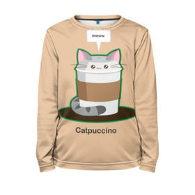 Детский лонгслив 3D с принтом Catpuccino в Курске, 100% полиэстер | длинные рукава, круглый вырез горловины, полуприлегающий силуэт
 | capuccino | cat | catpuccino | meow | капуччино | кот | котпуччино | кофе | мяу | стакан