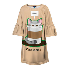 Детское платье 3D с принтом Catpuccino в Курске, 100% полиэстер | прямой силуэт, чуть расширенный к низу. Круглая горловина, на рукавах — воланы | Тематика изображения на принте: capuccino | cat | catpuccino | meow | капуччино | кот | котпуччино | кофе | мяу | стакан