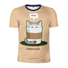 Мужская футболка 3D спортивная с принтом Catpuccino в Курске, 100% полиэстер с улучшенными характеристиками | приталенный силуэт, круглая горловина, широкие плечи, сужается к линии бедра | capuccino | cat | catpuccino | meow | капуччино | кот | котпуччино | кофе | мяу | стакан