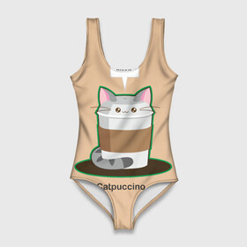 Купальник-боди 3D с принтом Catpuccino в Курске, 82% полиэстер, 18% эластан | Круглая горловина, круглый вырез на спине | capuccino | cat | catpuccino | meow | капуччино | кот | котпуччино | кофе | мяу | стакан