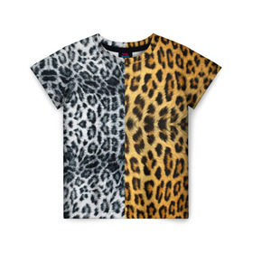 Детская футболка 3D с принтом Леопард/Снежный Барс в Курске, 100% гипоаллергенный полиэфир | прямой крой, круглый вырез горловины, длина до линии бедер, чуть спущенное плечо, ткань немного тянется | Тематика изображения на принте: textures | барс | животное | леопард | пятна | снежный | текстура | чёрное с белым
