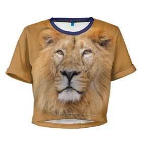 Женская футболка 3D укороченная с принтом Лев в Курске, 100% полиэстер | круглая горловина, длина футболки до линии талии, рукава с отворотами | взгляд | животные | лев | природа | хищники