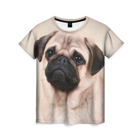 Женская футболка 3D с принтом Мопс в Курске, 100% полиэфир ( синтетическое хлопкоподобное полотно) | прямой крой, круглый вырез горловины, длина до линии бедер | Тематика изображения на принте: мопс | мопсы | песик | песики | собака | собаки