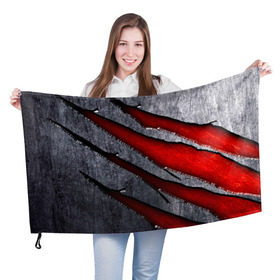 Флаг 3D с принтом Следы когтей на металле в Курске, 100% полиэстер | плотность ткани — 95 г/м2, размер — 67 х 109 см. Принт наносится с одной стороны | когти | красный | металл | серебристый | следы | текстура