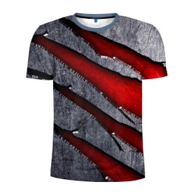 Мужская футболка 3D спортивная с принтом Следы когтей на металле в Курске, 100% полиэстер с улучшенными характеристиками | приталенный силуэт, круглая горловина, широкие плечи, сужается к линии бедра | когти | красный | металл | серебристый | следы | текстура