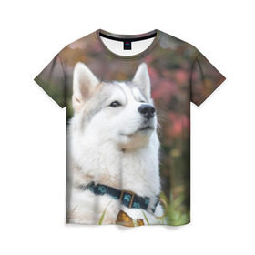 Женская футболка 3D с принтом Хаски в Курске, 100% полиэфир ( синтетическое хлопкоподобное полотно) | прямой крой, круглый вырез горловины, длина до линии бедер | лайка | маламут | песик | песики | собака | собаки | хаски
