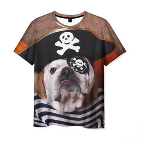 Мужская футболка 3D с принтом Бульдог - пират в Курске, 100% полиэфир | прямой крой, круглый вырез горловины, длина до линии бедер | бульдог | бульдоги | песик | песики | пират | пираты | прикольные | собака | собаки