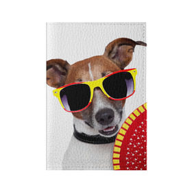 Обложка для паспорта матовая кожа с принтом Джек Рассел с веером в Курске, натуральная матовая кожа | размер 19,3 х 13,7 см; прозрачные пластиковые крепления | Тематика изображения на принте: джек рассел | песик | песики | собака | собаки | терьер