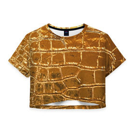 Женская футболка 3D укороченная с принтом Золотой Крокодил в Курске, 100% полиэстер | круглая горловина, длина футболки до линии талии, рукава с отворотами | gold | texture | глянец | золото | кожа | крокодил | текстура