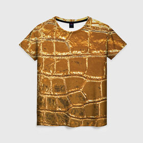 Женская футболка 3D с принтом Золотой Крокодил в Курске, 100% полиэфир ( синтетическое хлопкоподобное полотно) | прямой крой, круглый вырез горловины, длина до линии бедер | gold | texture | глянец | золото | кожа | крокодил | текстура