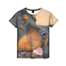 Женская футболка 3D с принтом Ротвейлер в Курске, 100% полиэфир ( синтетическое хлопкоподобное полотно) | прямой крой, круглый вырез горловины, длина до линии бедер | большая | пес | песик | псина | ротвейлер | ротвейлеры | собака | собаки