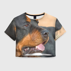 Женская футболка 3D укороченная с принтом Ротвейлер в Курске, 100% полиэстер | круглая горловина, длина футболки до линии талии, рукава с отворотами | большая | пес | песик | псина | ротвейлер | ротвейлеры | собака | собаки