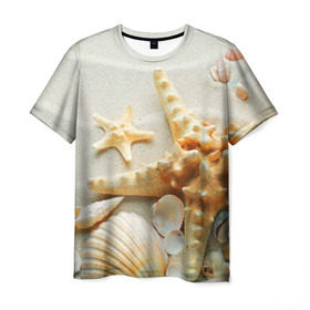 Мужская футболка 3D с принтом Морской пляж 5 в Курске, 100% полиэфир | прямой крой, круглый вырез горловины, длина до линии бедер | Тематика изображения на принте: море | морская звезда | песок | пляж | ракушки | туризм | турист