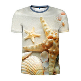 Мужская футболка 3D спортивная с принтом Морской пляж 5 в Курске, 100% полиэстер с улучшенными характеристиками | приталенный силуэт, круглая горловина, широкие плечи, сужается к линии бедра | море | морская звезда | песок | пляж | ракушки | туризм | турист