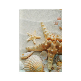 Обложка для паспорта матовая кожа с принтом Морской пляж 5 в Курске, натуральная матовая кожа | размер 19,3 х 13,7 см; прозрачные пластиковые крепления | море | морская звезда | песок | пляж | ракушки | туризм | турист