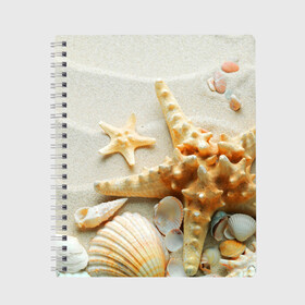 Тетрадь с принтом Морской пляж 5 в Курске, 100% бумага | 48 листов, плотность листов — 60 г/м2, плотность картонной обложки — 250 г/м2. Листы скреплены сбоку удобной пружинной спиралью. Уголки страниц и обложки скругленные. Цвет линий — светло-серый
 | море | морская звезда | песок | пляж | ракушки | туризм | турист