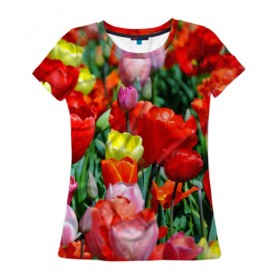 Женская футболка 3D с принтом Тюльпановый рай в Курске, 100% полиэфир ( синтетическое хлопкоподобное полотно) | прямой крой, круглый вырез горловины, длина до линии бедер | Тематика изображения на принте: 