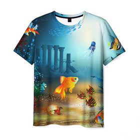 Мужская футболка 3D с принтом Золотая рыбка в Курске, 100% полиэфир | прямой крой, круглый вырез горловины, длина до линии бедер | вода | водоросли | море | подводный мир | природа | рыба | рыбка | туризм