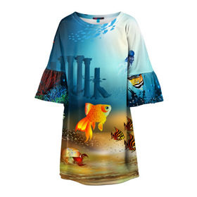 Детское платье 3D с принтом Золотая рыбка в Курске, 100% полиэстер | прямой силуэт, чуть расширенный к низу. Круглая горловина, на рукавах — воланы | Тематика изображения на принте: вода | водоросли | море | подводный мир | природа | рыба | рыбка | туризм