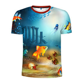 Мужская футболка 3D спортивная с принтом Золотая рыбка в Курске, 100% полиэстер с улучшенными характеристиками | приталенный силуэт, круглая горловина, широкие плечи, сужается к линии бедра | вода | водоросли | море | подводный мир | природа | рыба | рыбка | туризм