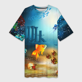 Платье-футболка 3D с принтом Золотая рыбка в Курске,  |  | вода | водоросли | море | подводный мир | природа | рыба | рыбка | туризм