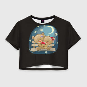 Женская футболка 3D укороченная с принтом Ночь любви в Курске, 100% полиэстер | круглая горловина, длина футболки до линии талии, рукава с отворотами | верность | зайчик | котенок | любовь | милые | мишка | нежность | новинки | романтик | сердце