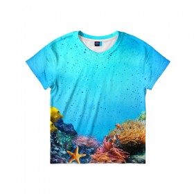 Детская футболка 3D с принтом рыбки в Курске, 100% гипоаллергенный полиэфир | прямой крой, круглый вырез горловины, длина до линии бедер, чуть спущенное плечо, ткань немного тянется | дно | лазурь | море | океан | синий | яркий