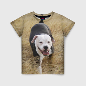 Детская футболка 3D с принтом Пит-буль на траве в Курске, 100% гипоаллергенный полиэфир | прямой крой, круглый вырез горловины, длина до линии бедер, чуть спущенное плечо, ткань немного тянется | амстафф | буль | пес | песик | питбули | питбуль | собака | собаки | стафф | терьер