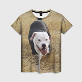 Женская футболка 3D с принтом Пит-буль на траве в Курске, 100% полиэфир ( синтетическое хлопкоподобное полотно) | прямой крой, круглый вырез горловины, длина до линии бедер | амстафф | буль | пес | песик | питбули | питбуль | собака | собаки | стафф | терьер