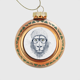 Стеклянный ёлочный шар с принтом Cool Lion в Курске, Стекло | Диаметр: 80 мм | красивый | крутой | лев | львица | очки | рисунок | узор