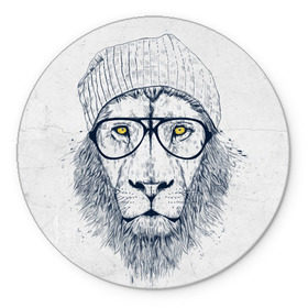 Коврик круглый с принтом Cool Lion в Курске, резина и полиэстер | круглая форма, изображение наносится на всю лицевую часть | красивый | крутой | лев | львица | очки | рисунок | узор