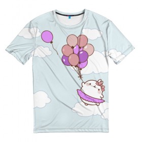 Мужская футболка 3D с принтом Кролик и шарики в Курске, 100% полиэфир | прямой крой, круглый вырез горловины, длина до линии бедер | Тематика изображения на принте: воздушные шарики | зайчик | кавай | кролик | моланг | небо