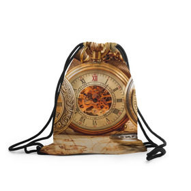 Рюкзак-мешок 3D с принтом Часы в Курске, 100% полиэстер | плотность ткани — 200 г/м2, размер — 35 х 45 см; лямки — толстые шнурки, застежка на шнуровке, без карманов и подкладки | золото | карманные часы | старина | часы