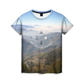 Женская футболка 3D с принтом горы в Курске, 100% полиэфир ( синтетическое хлопкоподобное полотно) | прямой крой, круглый вырез горловины, длина до линии бедер | горы | лес | море | охота | приключения | природа | рыбалка | свобода | скалы | туман | туризм | экстрим