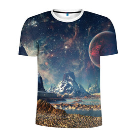 Мужская футболка 3D спортивная с принтом Космос в Курске, 100% полиэстер с улучшенными характеристиками | приталенный силуэт, круглая горловина, широкие плечи, сужается к линии бедра | space | галактика | горы | звёзды | космонавт | космос | планеты