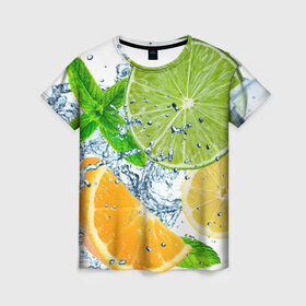 Женская футболка 3D с принтом Вкус лета в Курске, 100% полиэфир ( синтетическое хлопкоподобное полотно) | прямой крой, круглый вырез горловины, длина до линии бедер | вода | еда | зима | искусство | лайм | лимон | листья | новинки | природа | солнце | фрукты