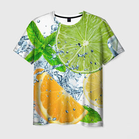 Мужская футболка 3D с принтом Вкус лета в Курске, 100% полиэфир | прямой крой, круглый вырез горловины, длина до линии бедер | Тематика изображения на принте: вода | еда | зима | искусство | лайм | лимон | листья | новинки | природа | солнце | фрукты