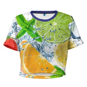 Женская футболка 3D укороченная с принтом Вкус лета в Курске, 100% полиэстер | круглая горловина, длина футболки до линии талии, рукава с отворотами | вода | еда | зима | искусство | лайм | лимон | листья | новинки | природа | солнце | фрукты