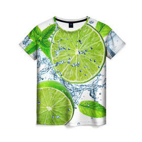Женская футболка 3D с принтом Свежесть лайма в Курске, 100% полиэфир ( синтетическое хлопкоподобное полотно) | прямой крой, круглый вырез горловины, длина до линии бедер | бармен | витамины | диета | коктель | куб | лед | мороз | новинки | холодный | цвет