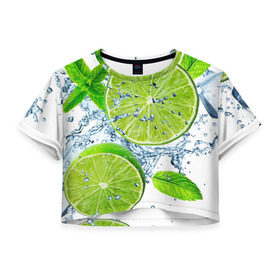 Женская футболка 3D укороченная с принтом Свежесть лайма в Курске, 100% полиэстер | круглая горловина, длина футболки до линии талии, рукава с отворотами | бармен | витамины | диета | коктель | куб | лед | мороз | новинки | холодный | цвет