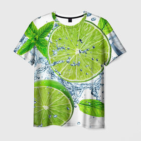 Мужская футболка 3D с принтом Свежесть лайма в Курске, 100% полиэфир | прямой крой, круглый вырез горловины, длина до линии бедер | бармен | витамины | диета | коктель | куб | лед | мороз | новинки | холодный | цвет
