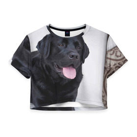 Женская футболка 3D укороченная с принтом Черный лабрадор в Курске, 100% полиэстер | круглая горловина, длина футболки до линии талии, рукава с отворотами | большая | золотистый | лабрадор | лабрадоры | палевый | песик | ретривер | собака | собаки
