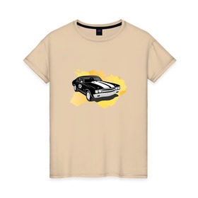 Женская футболка хлопок с принтом Chevrolet Chevelle SS в Курске, 100% хлопок | прямой крой, круглый вырез горловины, длина до линии бедер, слегка спущенное плечо | Тематика изображения на принте: chevelle | chevrolet | ss |  шевроле | машина | шевиль