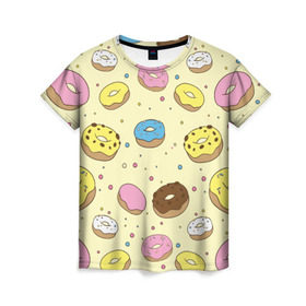 Женская футболка 3D с принтом Сладкие пончики в Курске, 100% полиэфир ( синтетическое хлопкоподобное полотно) | прямой крой, круглый вырез горловины, длина до линии бедер | булочки | гомер симпсон | еда | пончики | сладости