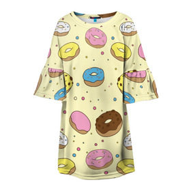 Детское платье 3D с принтом Сладкие пончики в Курске, 100% полиэстер | прямой силуэт, чуть расширенный к низу. Круглая горловина, на рукавах — воланы | Тематика изображения на принте: булочки | гомер симпсон | еда | пончики | сладости